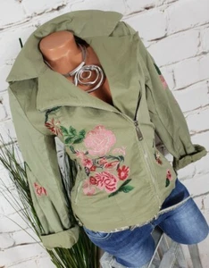 NEU 🍀 ITALY TREND BIKER JACKE BLAZER STRETCH STICKEREI ZIPPER SALBEI S 36 38 - Bild 1 von 6