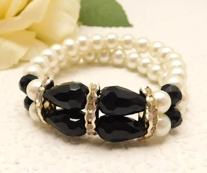 CRYSTAL RHINESTONE FAUX PEARL FASHION STRETCH BRACELET - Picture 1 of 6