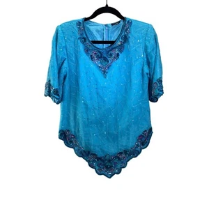 Blusa Vintage Cristales Seda Cuentas Lentejuelas Hada Elegante Turquesa Sin Etiqueta de Talla - Imagen 1 de 13