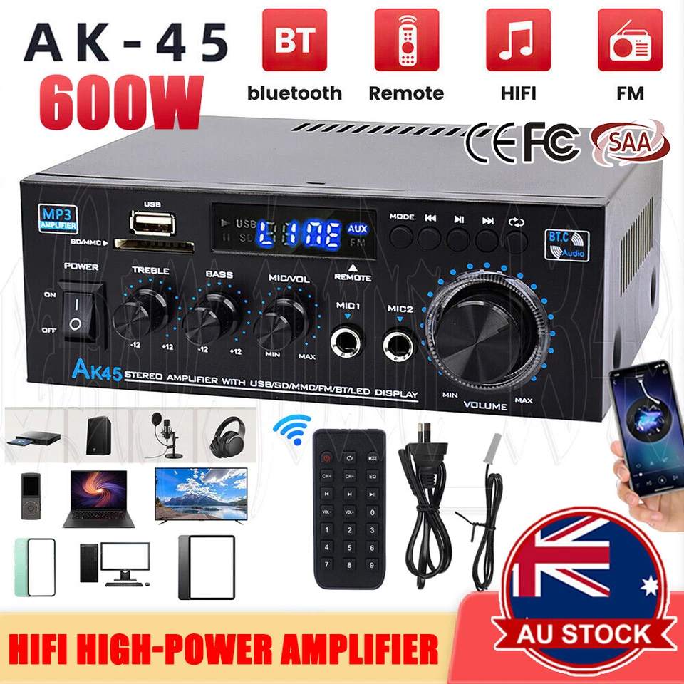 600W 2 Channel Bluetooth Mini HIFI Power Amplifier Audio Stereo Amp Home Car FM - image 1 of 4