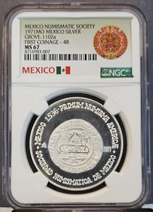 1971 MEXICO SILVER GROVE 1102a FIRST COINAGE 4 REALES NGC MS 67 GEM BU BEAUTY - Picture 1 of 3