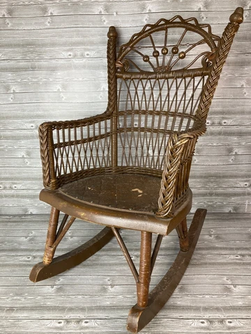 Antique Ornate Victorian Wicker Rocking Chair 1800s Child's Leather Seat Vintage Cover