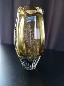 **Vintage Sanyu** Narumi Fantasy Glass Vase Green Amber w/ Silver & Gold 9" - Picture 1 of 7