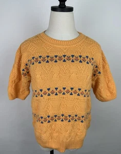 Vintage 90s Cable Knit Sweater S / M Tangerine Pastel Orange Fairisle Cotton Ski - Picture 1 of 10