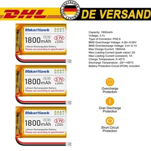 3PCS Batería Recargable Litio Polímero 3.7V 1800mAh Batería LiPo 103450 PH 2.0 - Imagen 1 de 8