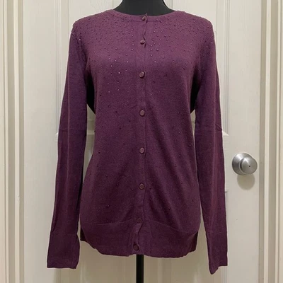 Merona Cardigan Sweater Button Front Embellished Rhinestones Purple Sz Large - Image 1 of 4