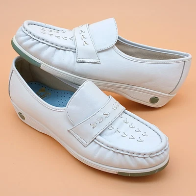 Zapatos de trabajo 6M vintage de enfermera compañera sin cordones de cuero blanco con soporte de cuña limpios Foto 1 de 4