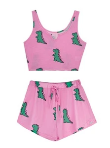 Women Cute Dinosaur 2 Piece Tank Top and Shorts Pajama Set Sleepwear Lounge H... - Picture 1 of 6