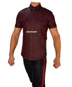 6651 awanstar gay leder hemd Bordeaux Lederhemd mit streifen leather shirt Cuir - Bild 1 von 14