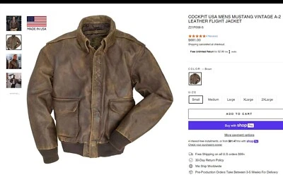 Chaqueta de vuelo de cuero Cockpit USA para hombre Mustang Vintage A-2, XL ¡ENVÍO GRATUITO! Foto 1 de 4