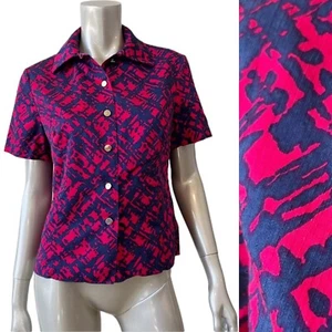 Vintage 60s Button Up Shirt Medium Neon Pink Blue Abstract Top Mod 50s Atomic - Picture 1 of 9