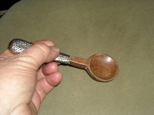 unusual vintage wooden wood baby size spoon silver color hammered handle 5.5" - Picture 1 of 4