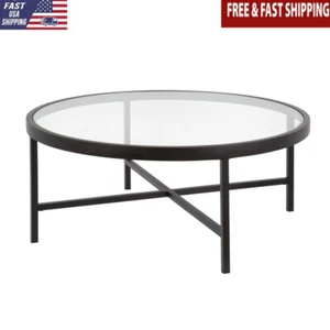 Round Coffee Table Tempered Glass Top Blackened Bronze Indoor Use Easy Assembly - Picture 1 of 8