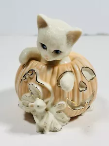 Lenox Halloween Cat in Pumpkin Jack-O' Lantern Mouse Vintage 2000 24k Gold Trim - Picture 1 of 7