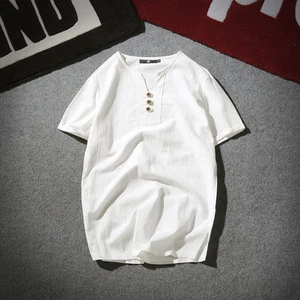Mens Linen Short Sleeve T-shirt Henley Neck Style Top Tee Shirt Blouse Retro - Picture 1 of 17