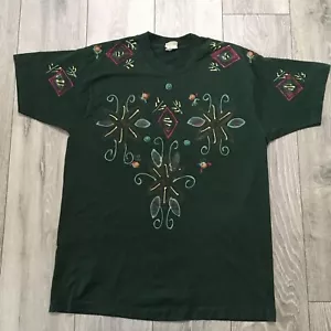 Vintage Native Floral Shirt Mens large Green Single Stitch Graphic Print Custom - Picture 1 of 9