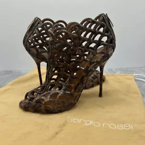 Sergio Rossi Womens Brown Animal Print Mermaid Pumps Size 38 Leather Peep Toe - Picture 1 of 13