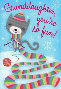 Cute CHRISTMAS Card FOR GRANDDAUGHTER, Cat Kitten Knitting Scarf by Hallmark +✉ - Picture 1 of 5