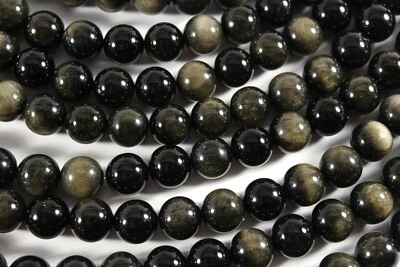 Natural Black Gold Sheen Obsidian 12mm Round Beads 16" Strand Volcanic Glass - Image 1 of 2