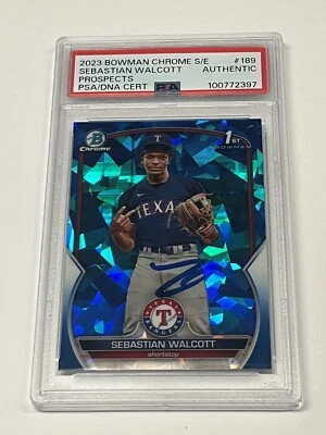 2023 Bowman Chrome Sapphire Sebastian Walcott Sapphire Auto 1st #BCP-189 PSA - Image 1 of 2