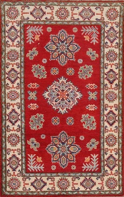 Chic Red Kazak Oriental Rug 3x5 Handmade Wool Geometric Pattern Accent Carpet - Image 1 of 4