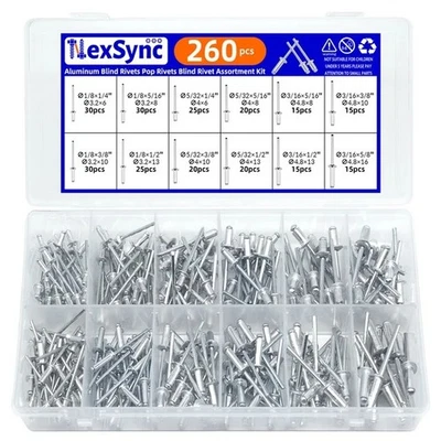 260-Piece Pop Rivet Assortment Set – 12 Sizes Aluminum Blind Rivets for Metal - Photo 1/4