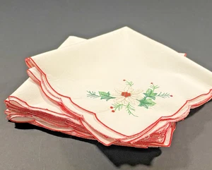 Vintage Embroidered Christmas Napkins Set of 8 Poinsettia Holly Red Trim Linen - Picture 1 of 21