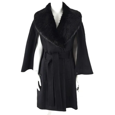 IMPRESIONANTE ABRIGO DE MUJER KAREN MILLEN LANA CON CINTURÓN CUELLO DE PIEL INVIERNO NEGRO 10 Foto 1 de 4