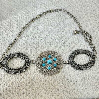 Cinturón Cadena Medallón Chico's Tono Plateado Imitación Turquesa Ajustable Western Foto 1 de 4