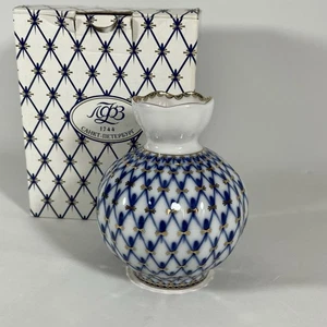 Lomonossow russisches Porzellan kobaltblau Netz Design 22K Gold 4,5" Knospe Blumenvase - Bild 1 von 13