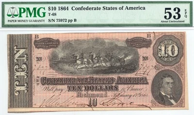 1864 $10 Confederate States of America T-68 PF-31 Note - PMG AU53 EPQ! Choice! - Image 1 of 4