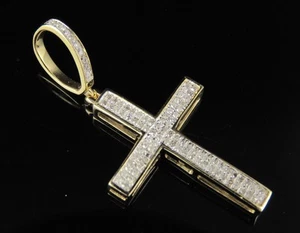 Unisex 10K Yellow Gold Real Diamond Mini Cross Pendant 0.15 CT 1.25" - Picture 1 of 8