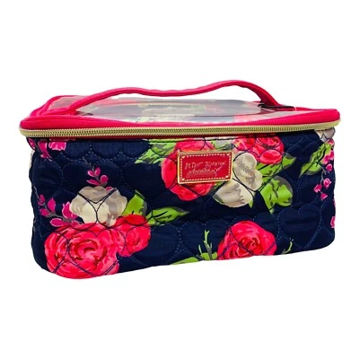 Betsey Johnson NY 3 PC Nested Topset Travel Train Cosmetic Case Navy & Pink Rose - Image 1 of 4