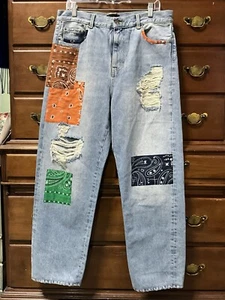 NWOT Alanui Authentic Italian Size 32 Jeans Bandana Patchwork - Picture 1 of 15