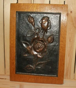 Vintage wall hanging copper/wood plaque still life flowers roses - Picture 1 of 6