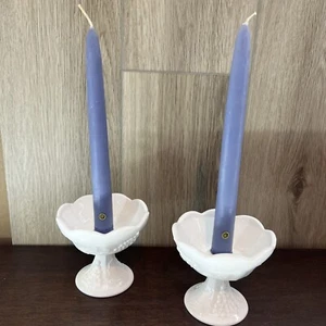 2 Vintage 4" Indiana Glass Colony White Milk Glass Harvest Taper Candle Holders - Picture 1 of 13