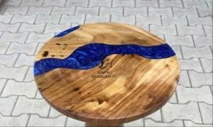 Round Blue Epoxy Resin Tabletop | Ocean Wave Design | Handmade Coastal Furniture - Picture 1 of 3