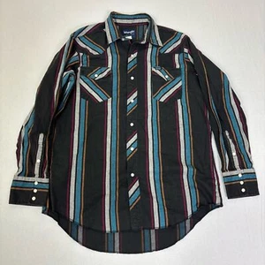 Vintage Wrangler Shirt Mens 17 35* Western Black Striped X Long Tails Pearl Snap - Picture 1 of 9