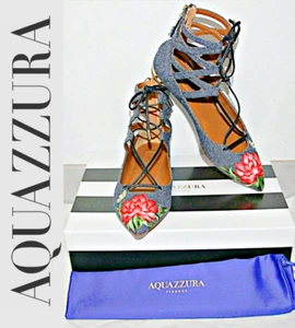 Aquazzura AUTHENTIC Belgravia Lotus lace-up denim point-toe flats US 6 /36 $795 - Picture 1 of 14