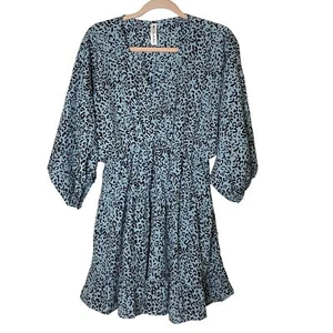 Mini Vestido Vanilla Bay Azul Estampado Leopardo S Cuello en V Manga Globo Boho EE. UU. - Imagen 1 de 11