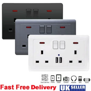 1/10x Switched Wall Plug Socket Twin 2 Gang 13A w/2 USB Ports Outlets Flat Plate - Picture 1 of 16