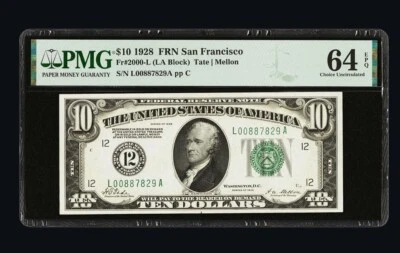 1928 $10 Federal Reserve Note San Francisco PMG 64 EPQ Serial L00887829A Fr2000L - Image 1 of 2