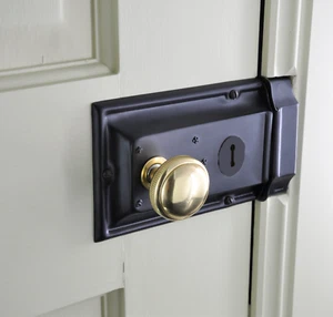 RIM LOCK and BRASS KNOB SET-BLACK 6"-HERITAGE VICTORIAN-french door-box-laundry - Picture 1 of 8