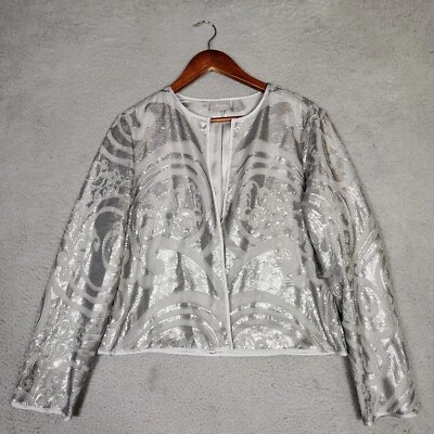 Chico's Travelers Jacket Womens 1 Gray Silver Sequin Open Front Crop Preppy  - Image 1 of 4