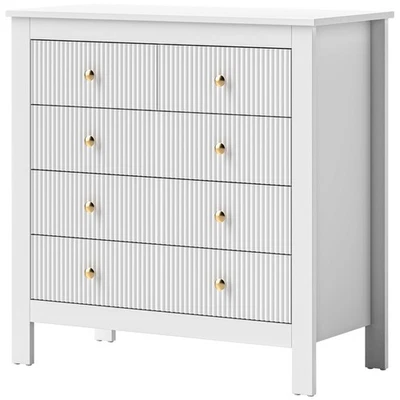HOMCOM Fluted Bedroom Chest of Drawers w/ 5 Drawers Gold Tone Handles White - Image 1 of 4