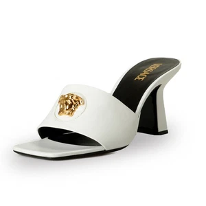 Versace Damen weiß gold Medusa 100 % Leder Sandalen Pantoletten Schuhe US 7 IT 37 - Bild 1 von 8