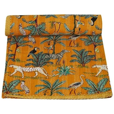 Indian Handmade Kantha Quilt Animal Print Cotton Yellow King Size Blanket Art - Image 1 of 4