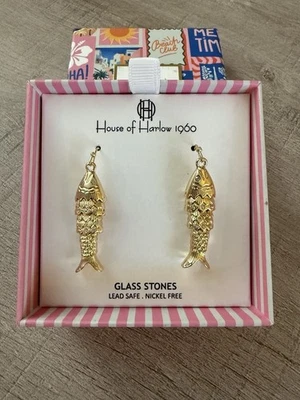 Brincos pendurados móveis pedra vidro dourado sardinha peixe estanhado House of Harlow novo na caixa - Imagem 1 de 4