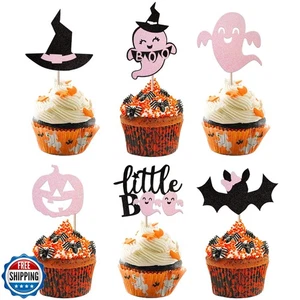 24 Pack Halloween Cupcake Toppers Glitter Pink Ghost Little Boo Bat Witch Hat - Picture 1 of 5