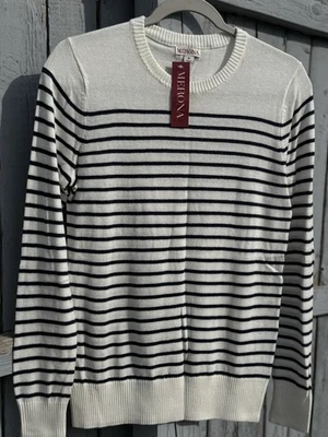 Suéter a Rayas Merona Para Mujer Medio Suave Negro y Crema Clásico Crew NUEVO  Foto 1 de 4